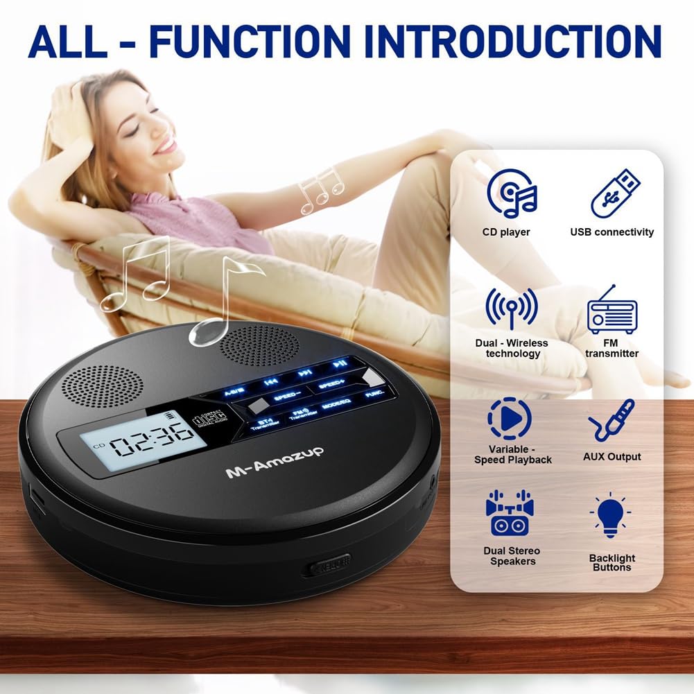 Reproductor de CD Discman Multifuncional con Bluetooth, FM, Auriculares, Repetidor, Máquina de Aprendizaje y Altavoz Estéreo USB Negro.