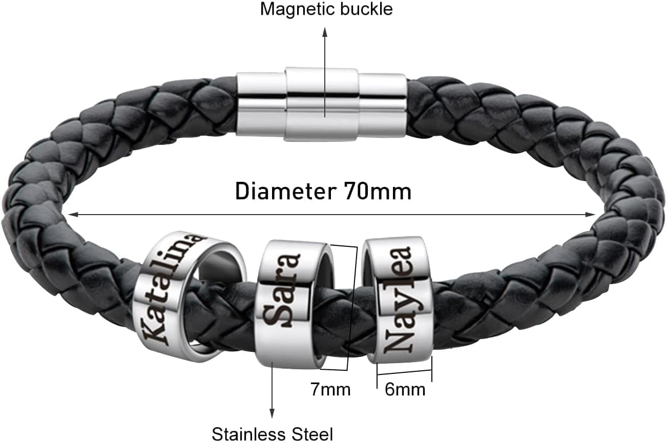 Mens Leather Bracelets Personalized Black Braid Leather Bracelets with 1-6 Custom Names Beads Engraved Men's ID Bracelet for Dad Husband Father