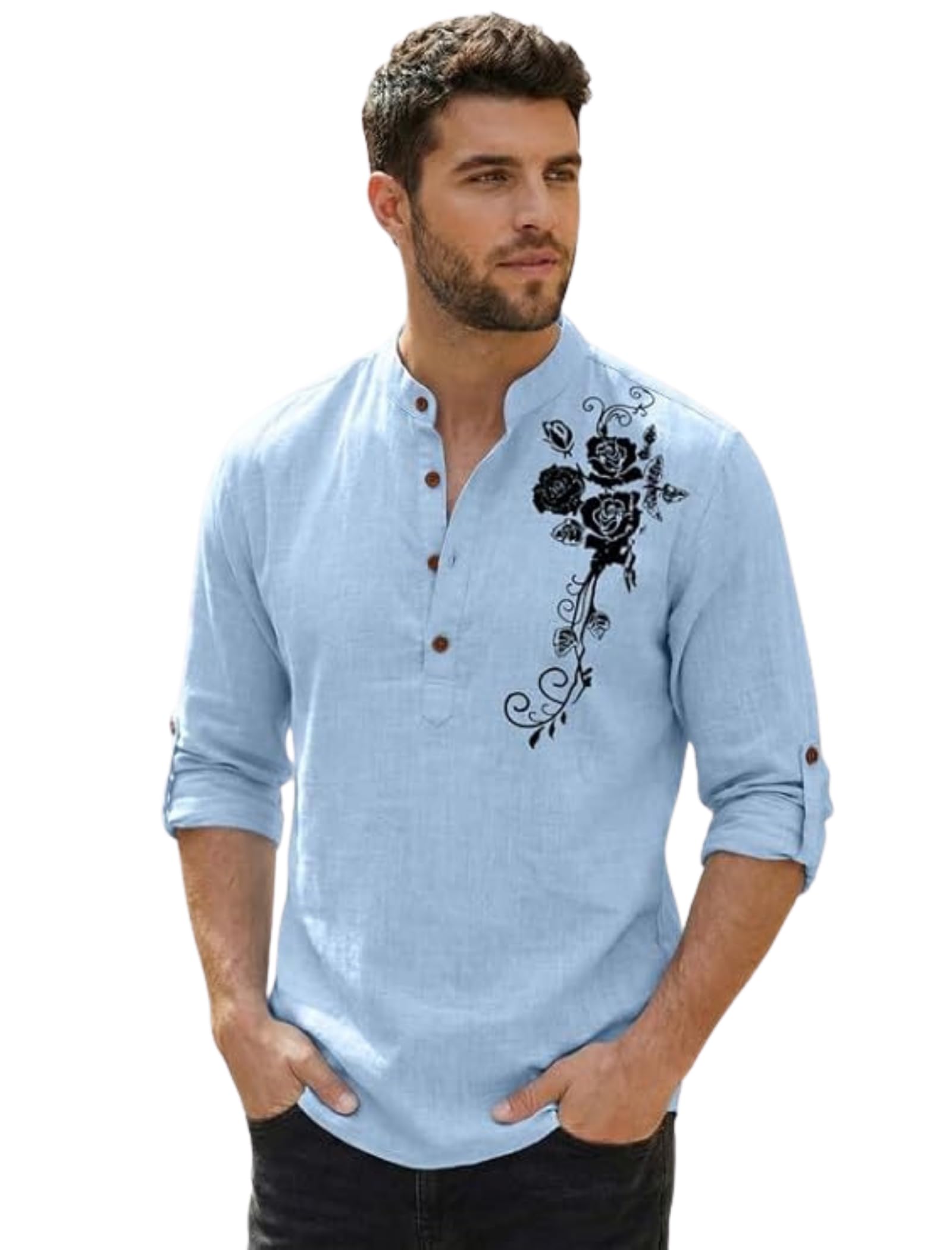 zombom Men's Cotton Polyester Blend Mandarin Collar Self One Design Printed Full Sleeve Regular Fit Casual Short Kurta-picture-7