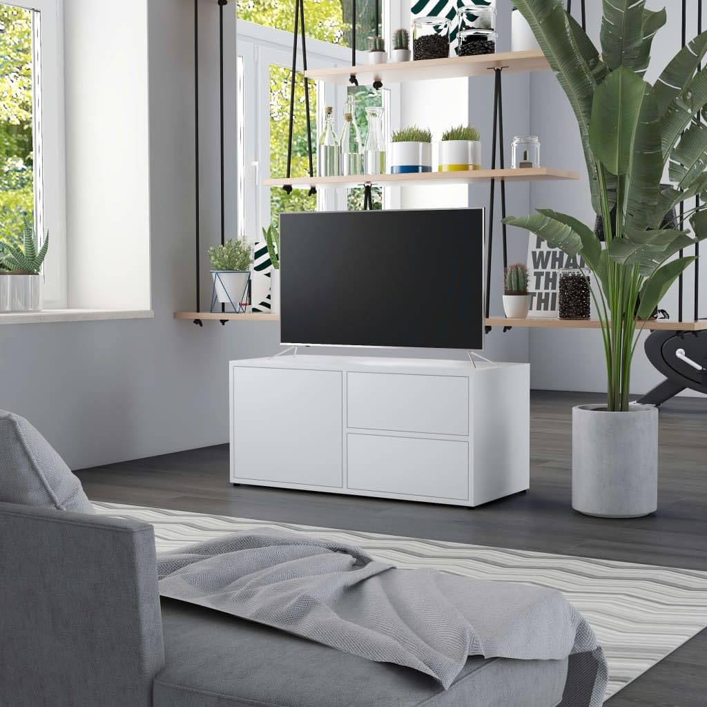 TV-Unterbau TV-Schrank Weiß 80x34x36 cm mit 2 Schubladen und 1 Fach mit Tür aus Holzwerkstoff, robuster TV-Seitentisch für Aufbewahrung von Zeitschriften und DVDs, einfach