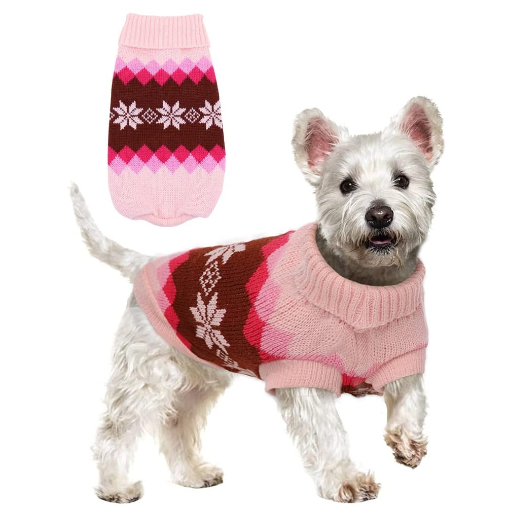 KUTKUT Turtleneck Knitwear Small Dog Sweater, Soft Comfortable Pet Knitwear Pullover For Shihtzu, Pug Etc, Argyle Style Weaved Pet Sweater Winter Dog Clothes (2Xl, Chest: 50Cm), Pink