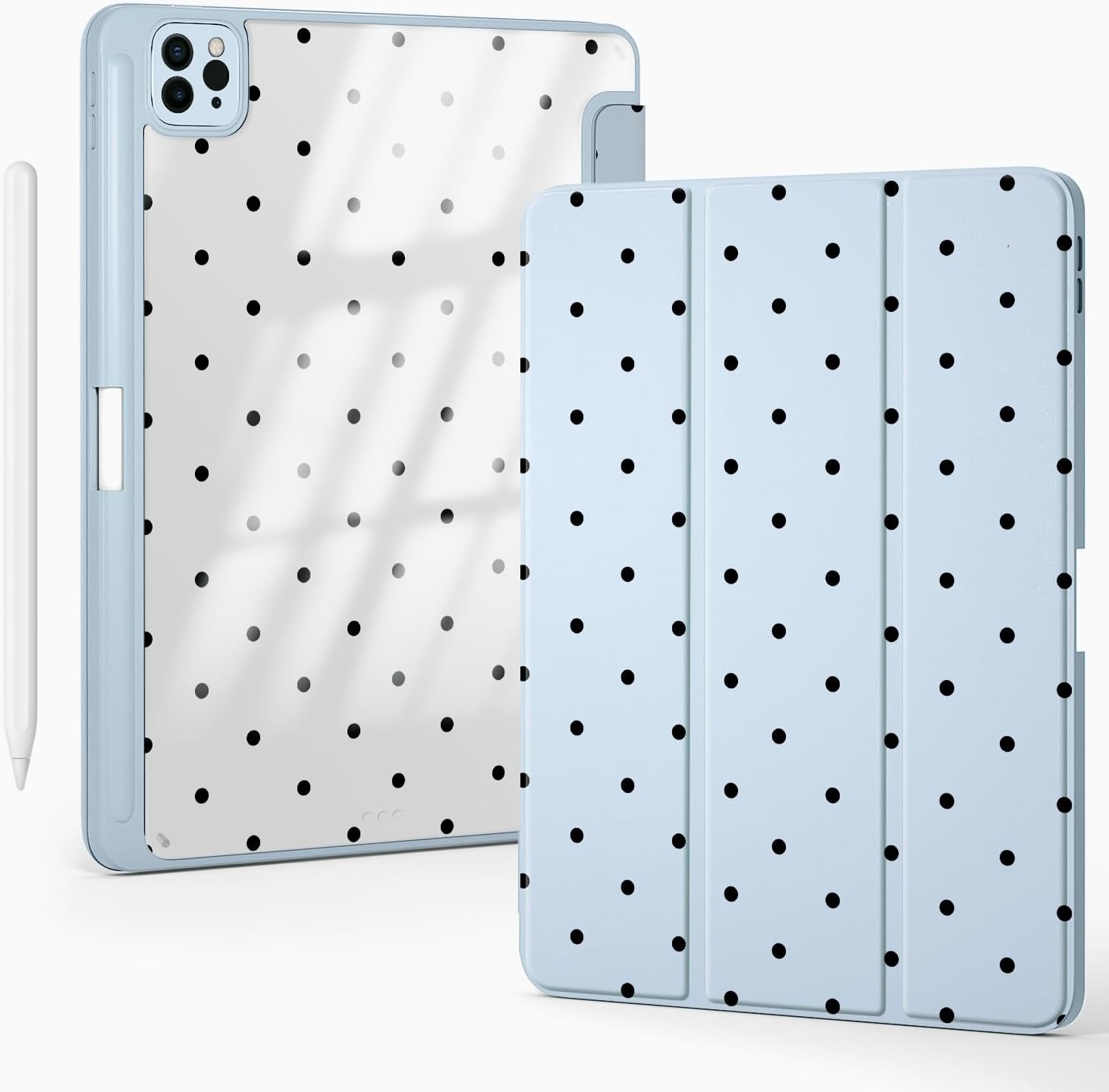 Cute Polka Dot for iPad Pro 12.9 Inch Case 5th/6th Generation 2022/2021/2020 with Pencil Holder, Auto Sleep/Wake, Blue Leather Clear Acrylic Back Cover