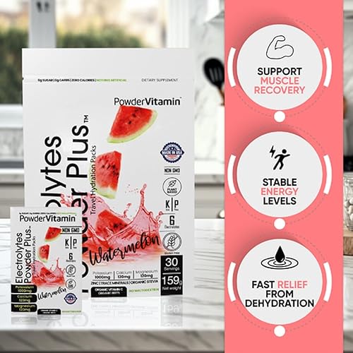 Miniatura 7 de Electrolitos en polvo Plus, Keto, sandía, sin azúcar, 1000 mg de potasio, 120 mg de calcio, 120 mg de magnesio, sin OMG, cero calorías, 30 paquetes