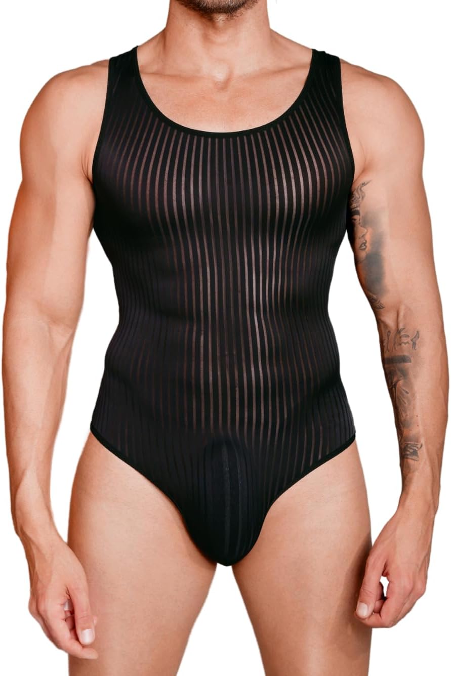 Men's Sexy Lingerie, Ribbed Sheer Mesh Bodysuit, Shapewear Sissy Clothes Gay Club, Tank Top Muscle Suit Rave Outfits