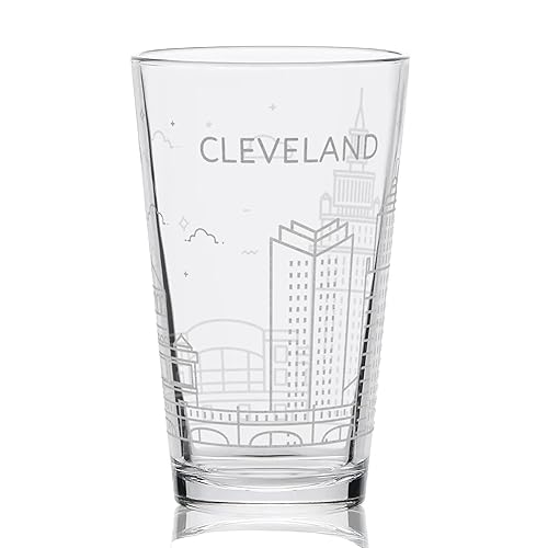 CLEVELAND OHIO SKYLINE Engraved Pint Beer Glass  Minimalist City Sky Line Full Wrap Engraving  Great Travel Gift Idea!