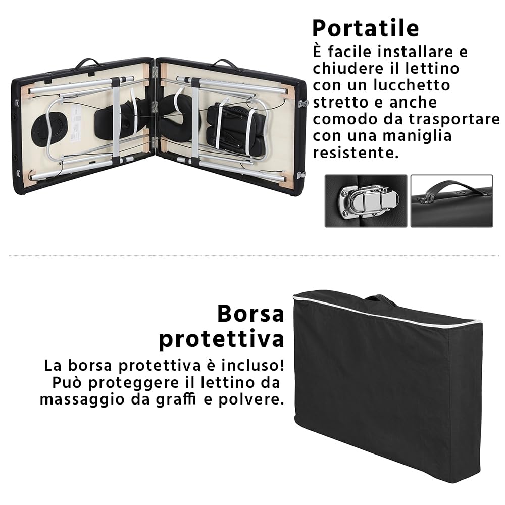Yaheetech Lettino da Massaggio Pieghevole Portatile Professionale a 2 Zone Alluminio per Fisioterapia Portata 250 kg Altezza Regolabile Poggiatesta e Briaccioli Rimovibili con Borsa 213 x 60 cm Nero