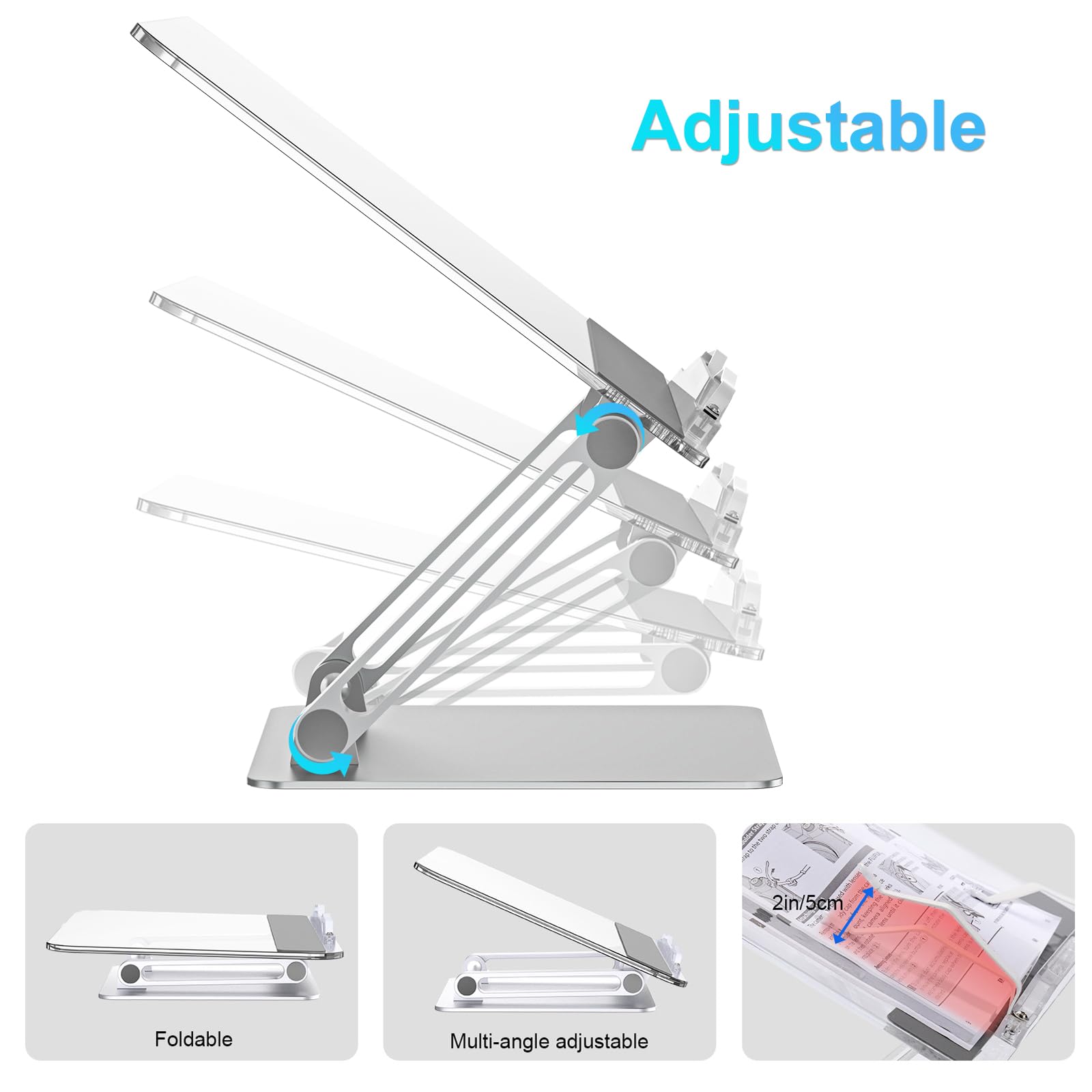 Buchständer, Aluminium und Acryl Kochbuch Schreibtisch Leseständer, Verstellbar & Faltbar Buchhalter, auch kompatibel mit Laptops und Tablets