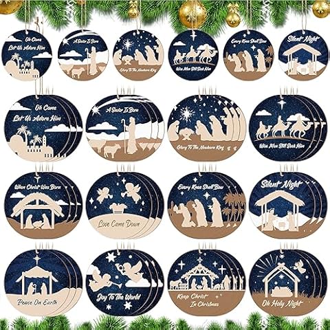 Soaoo 36 Pcs Nativity Ornaments Bulk for Christmas Tree Wooden Nativity Scene Ornaments Bulk Round Nativity Xmas Tree Hanging Decorations Birth of Jesus Christian Ornaments for Xmas Tree Advent Decor Cover
