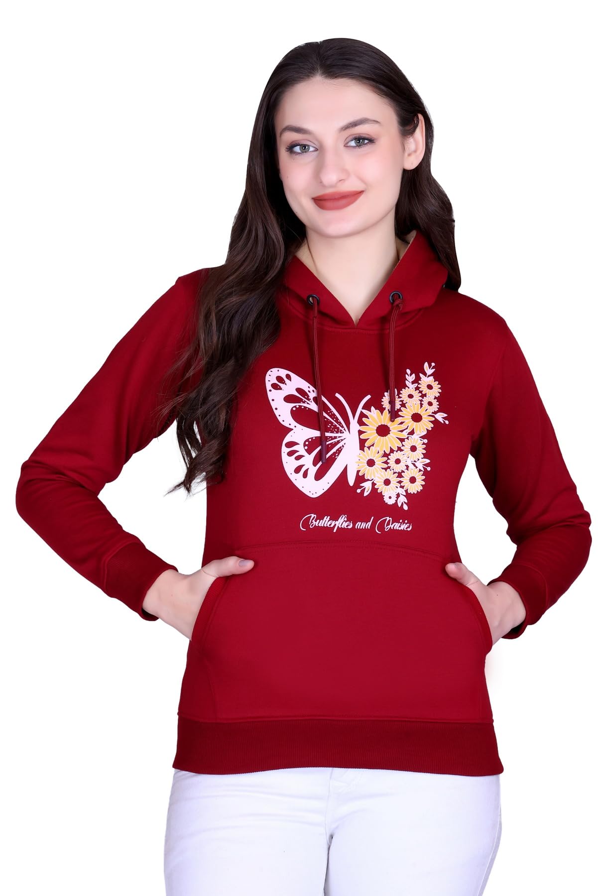 hold Women's Butterfly and Daisies Printed Hoodie Sweatshirt, Maroon, Fleece Fabric, Pullover Style with Front Pocket, Casual Wear-picture-3