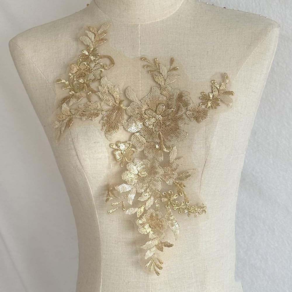 S.A.V.I Gold 3D Floral Sequined Applique Patch | Embroidered Mesh Lace Fabric | 29x25cm Sew-On DIY Patch for Bridal Lehenga, Saree, Blouse, Gown, Ethnic Wear & Craft Sewing | Designer Embellishment Accessory-image-1