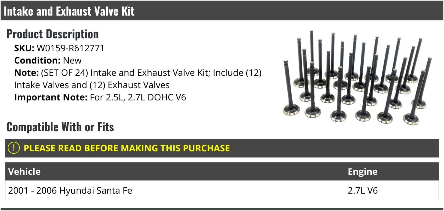 Intake and Exhaust Valve Kit - 24 Piece - Compatible with 2001-2006 Hyundai Santa Fe 2.7L V6
