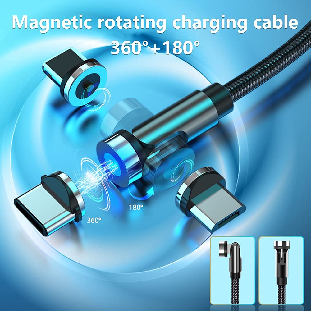 Cable de carga magnético, cargador magnético de teléfono con rotación de 540° (paquete de 6, 0.5 m/0.9 m/1.8 m/1.8 m/3.0 m) 3 en 1 cargador magnético para teléfono iProduct/Micro USB/dispositivo tipo