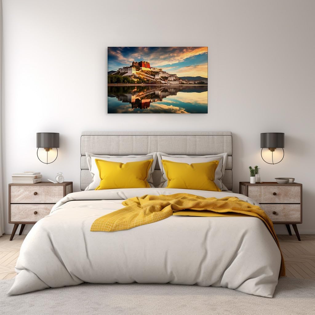 Canvas for Living room. Twilight Majesty over the Potala Palace - A Tibetan Vision of Serenity, 27 x 18 inch Canvas Wall Art - Ready to Hang - 69x46 cm (27x18 inch)