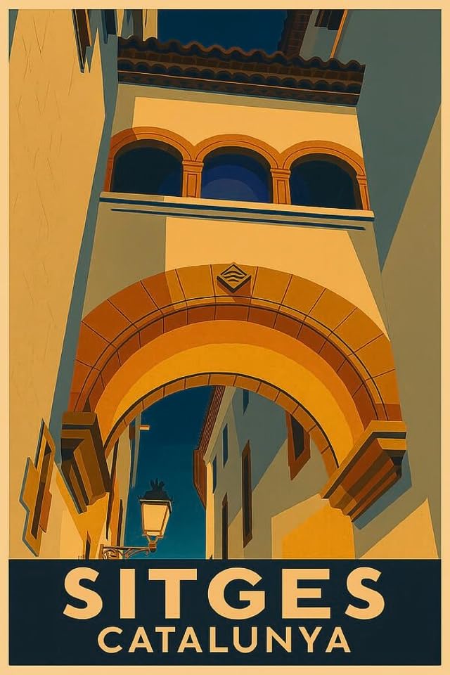 Póster de Sitges de alta calidad artística con arco y calle histórica