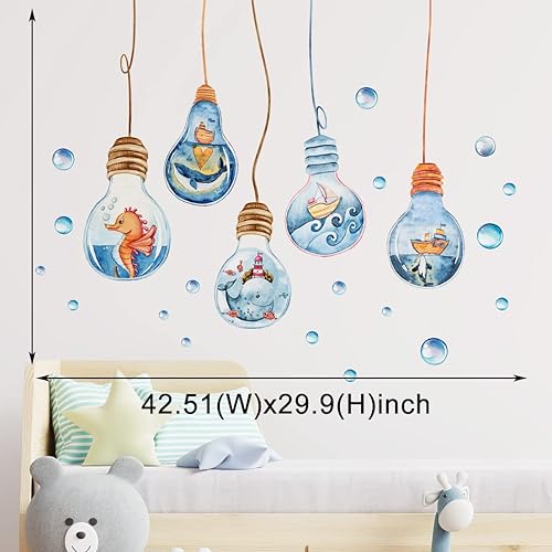 Miniatura 4 de Calcomanías colgantes de pared de bombilla oceánica de dibujos animados de vida submarina con burbujas de 42 x 30 pulgadas, calcomanías de vinilo