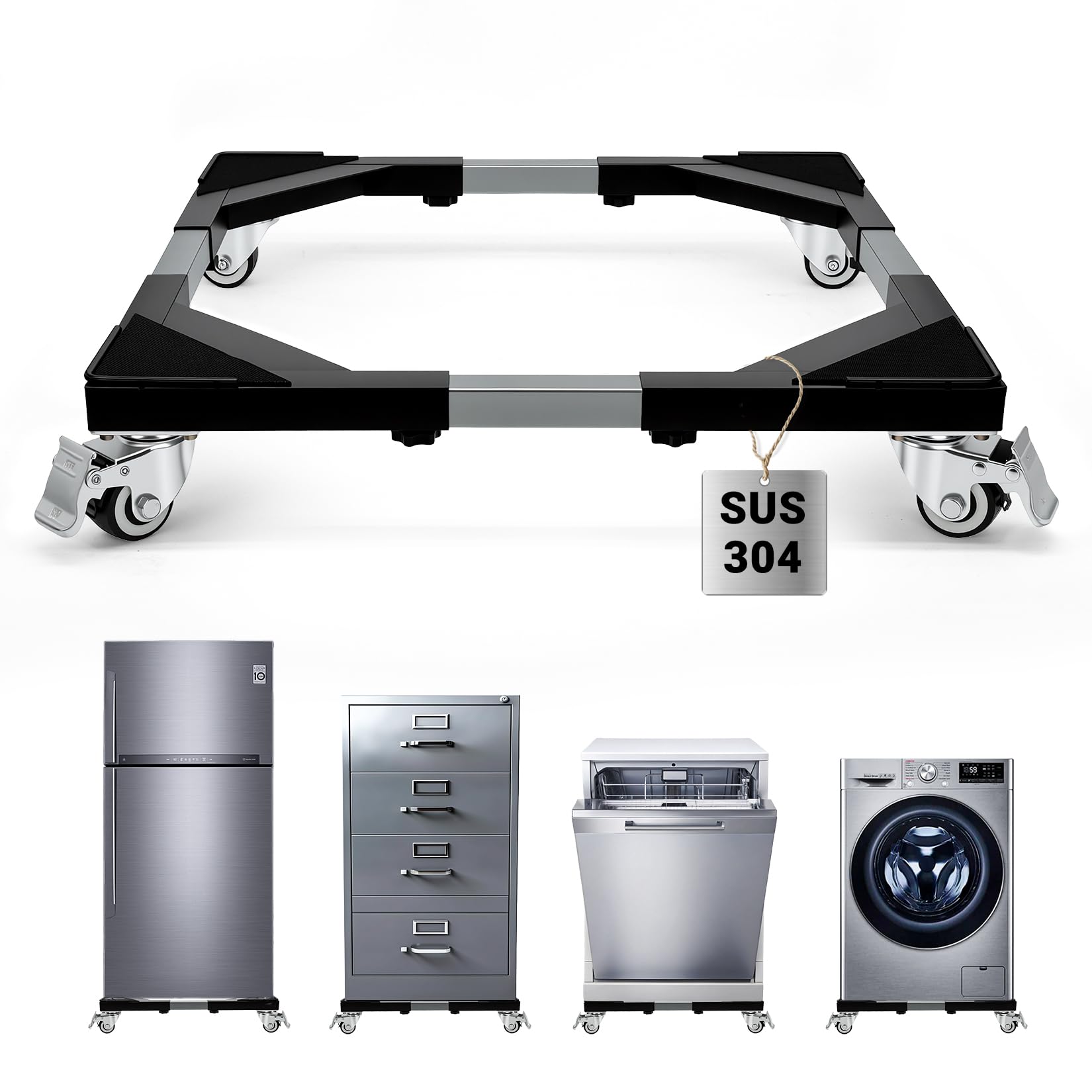 Soporte para Lavadora con 4 Ruedas de Acero Inoxidable, Base Ajustable para Lavadora y Secadora, Plataforma con Ruedas Capacidad 300kg, Ancho Regulable 54-71cm