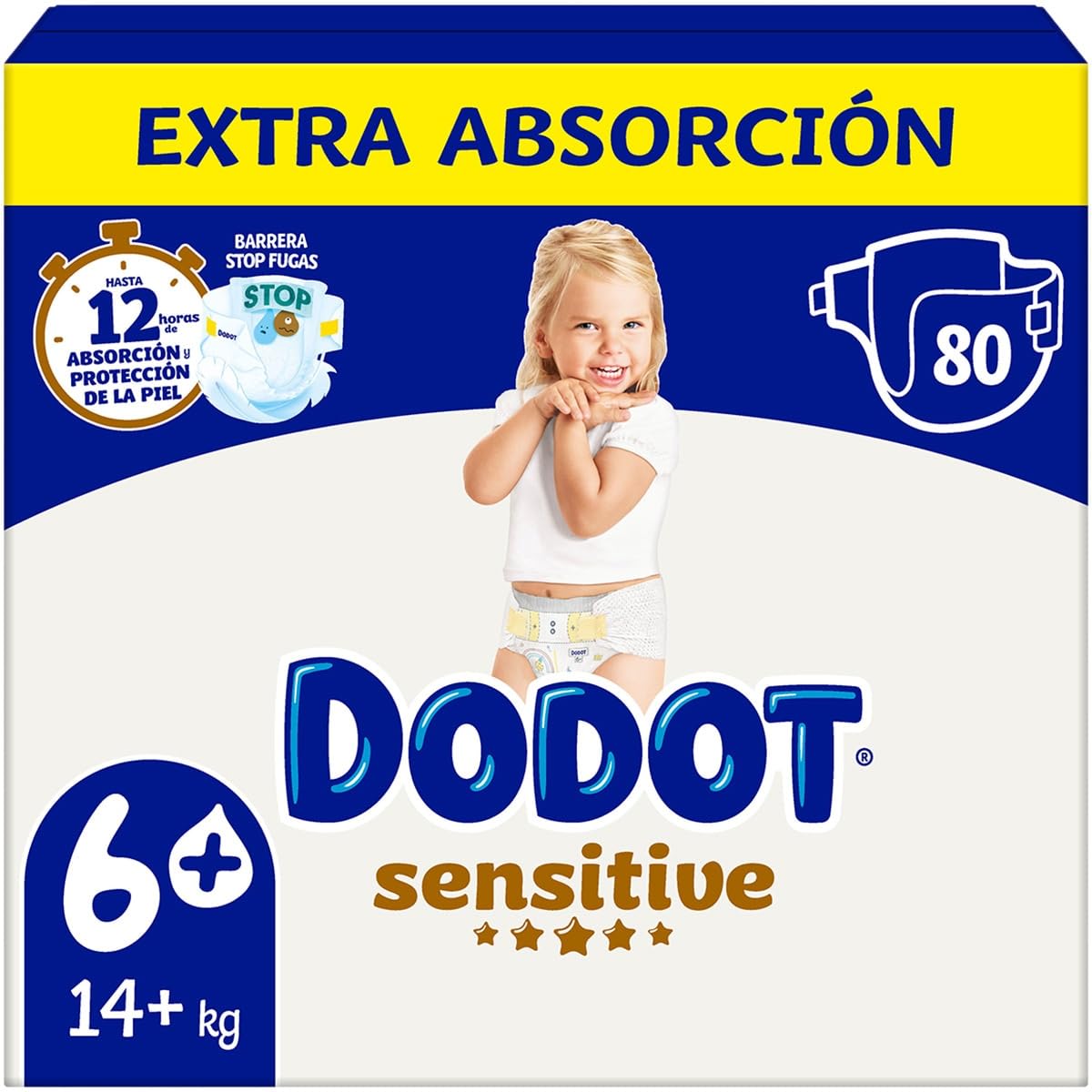 Dodot Sensitive Pañales Talla 6+ Extra Absorción, 14+ kg, 12 Horas de Protección, Barrera Stop Fugas, 80 Unidades