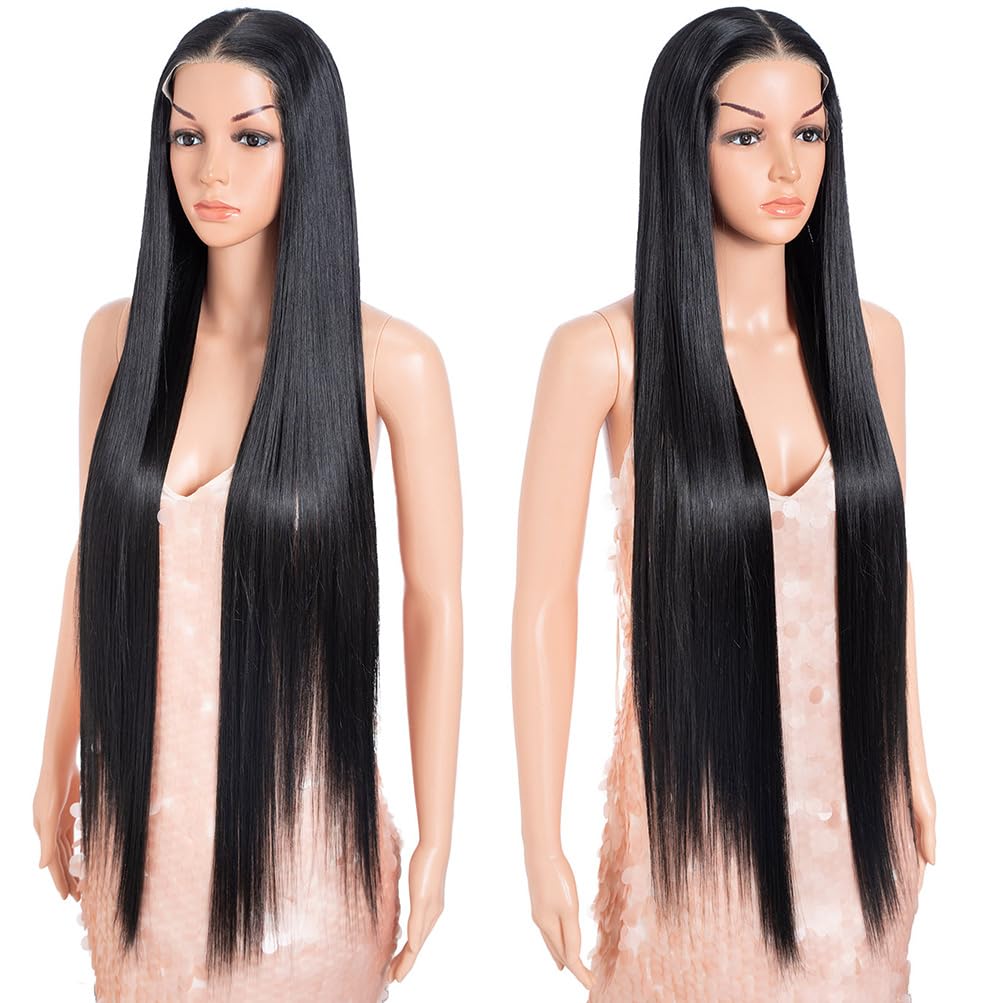 Style Icon 38“ Super Long Straight Wig 9x6 Free Part Lace Front Wig Black Color Pre Plucked Glueless Synthetic Hair with Adjustable Band & Free Clips