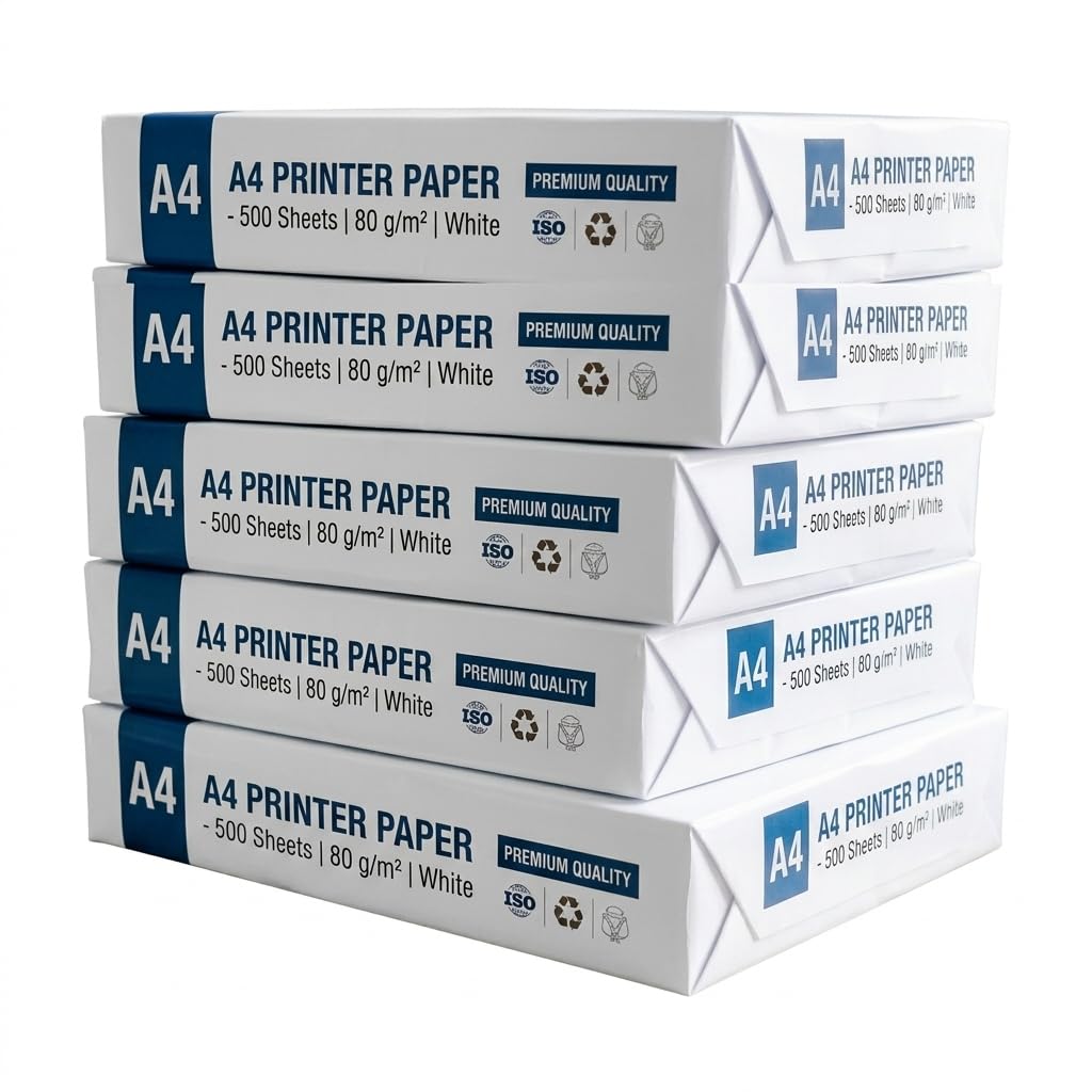 Acense A4 Printer Paper, White, 80 GSM, Premium Quality, 5 Packs of 500 Sheets, 2500 Sheets Total