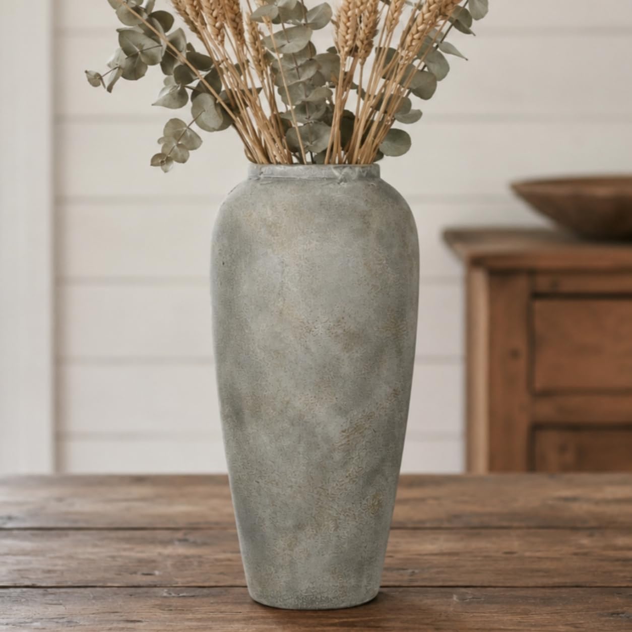 Jarrón de cerámica rústico gris blanco para sala de estar, jarrón grande de estilo vintage de 38 cm para mesa de comedor de 15 pulgadas gris blanco, regalo de boda y inauguración de la casa