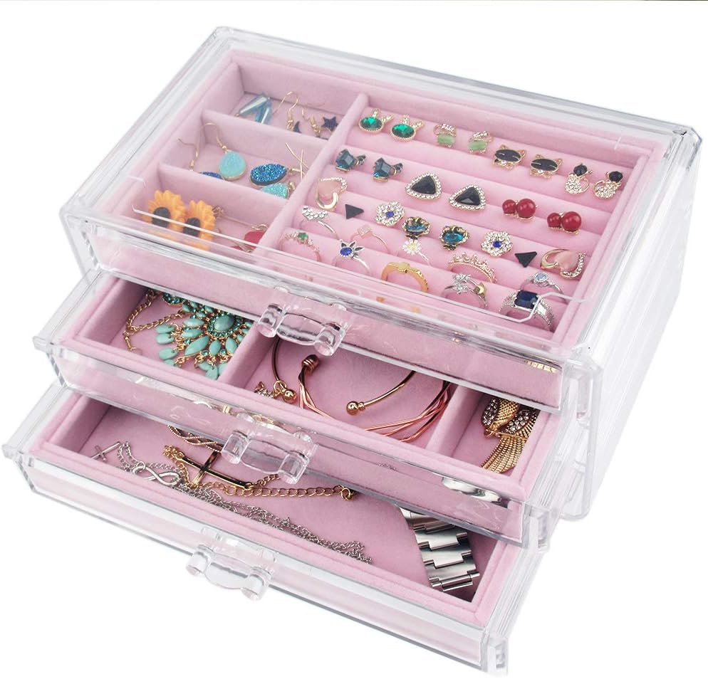 Tasybox Clear Jewelry Box Organizer 3 Drawers Velvet Jewellery Boxes Acrylic Ring Earring Necklace Bracelet Holder Display Case Gift for Women Girls Men (Pink)