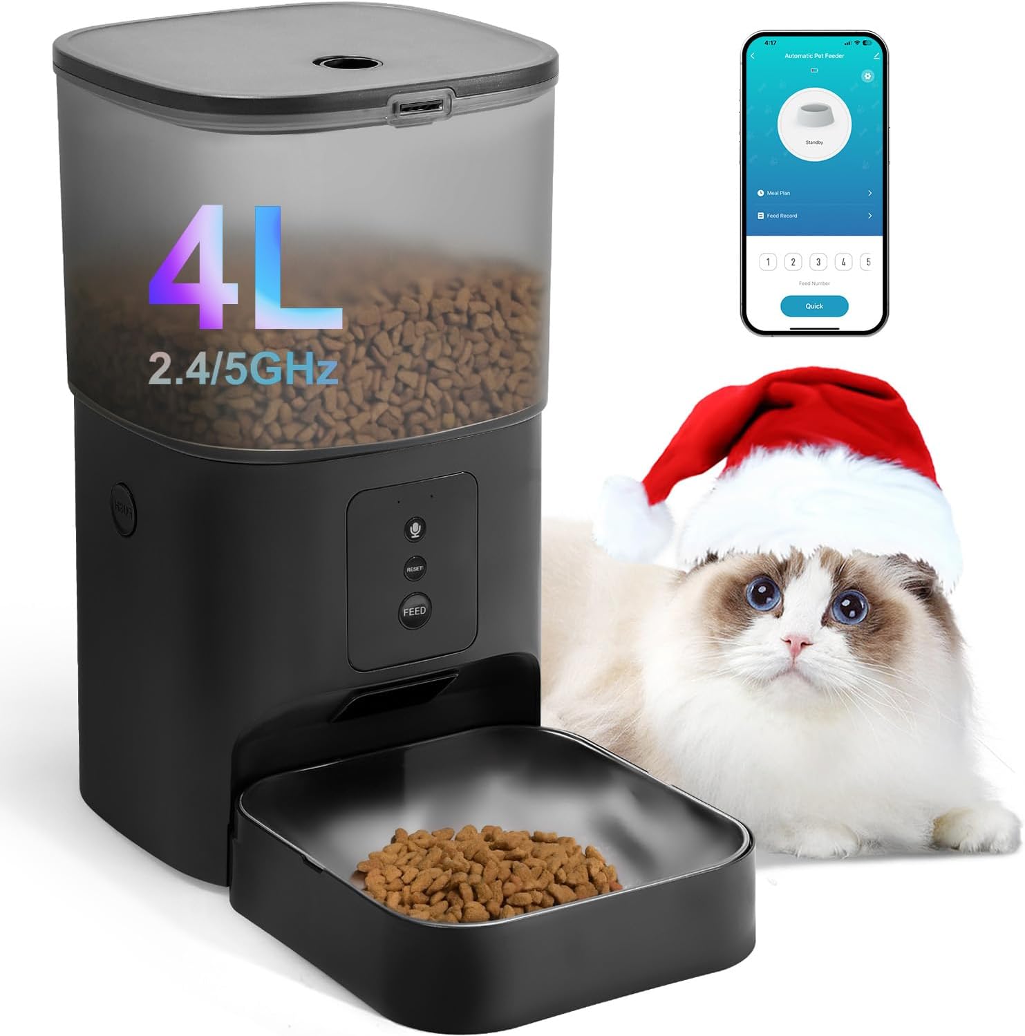 2.4G/5G Automatic Cat Feeder, 4L WiFi Food Dispenser with 10s Voice Recorder, Pet Feeder up to 10 Meals per Day, Timed Cat Feeder with Dry Food Sealed Ring(Matte Black, 4.0 L)