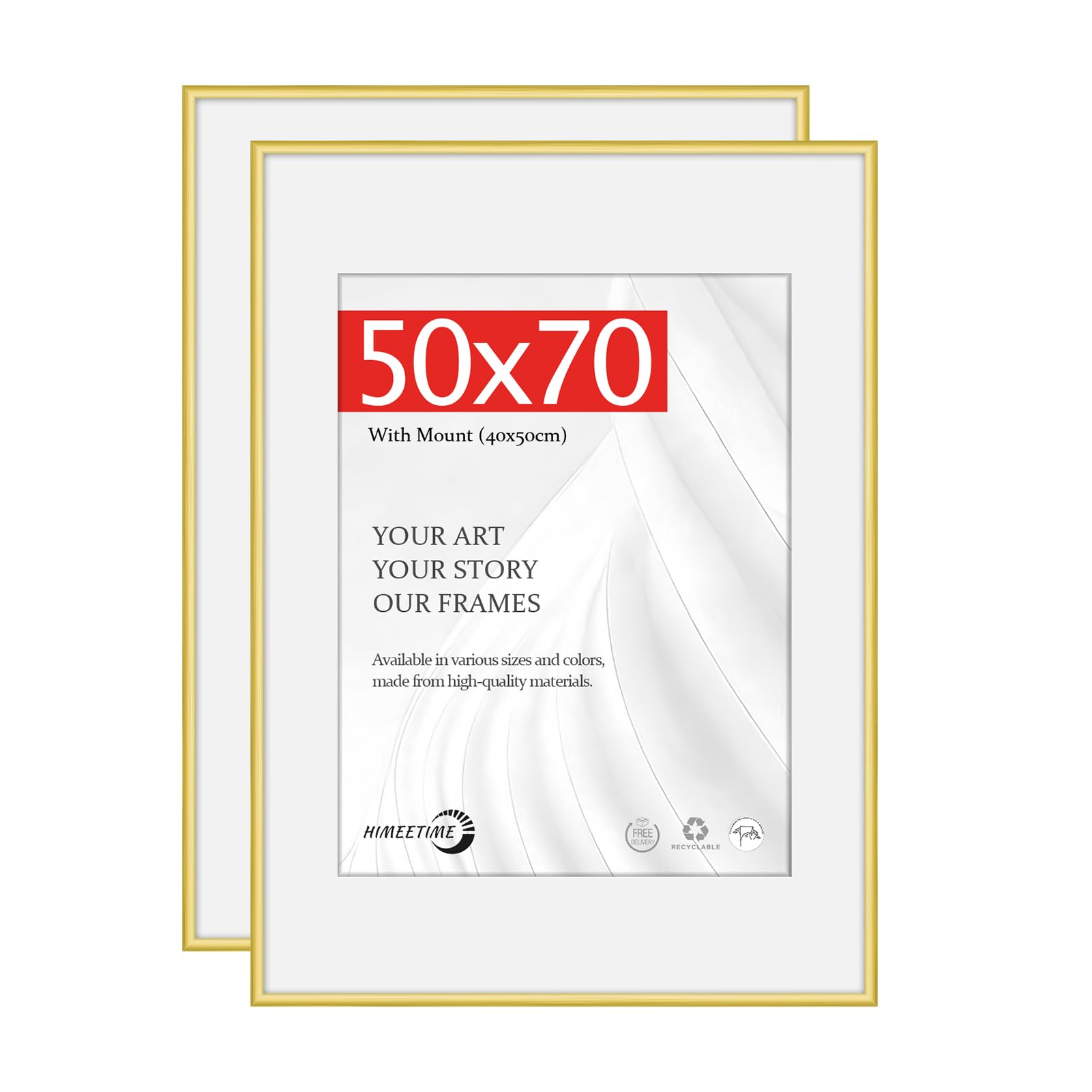 HIMEETIME® 2x 50x70cm Picture Frames,Gold Aluminum Thin Frame,40x50cm Mat Included,Large Metal Narrow Wall Photo Frame Wall Hanging Landscape or Portrait Orientation