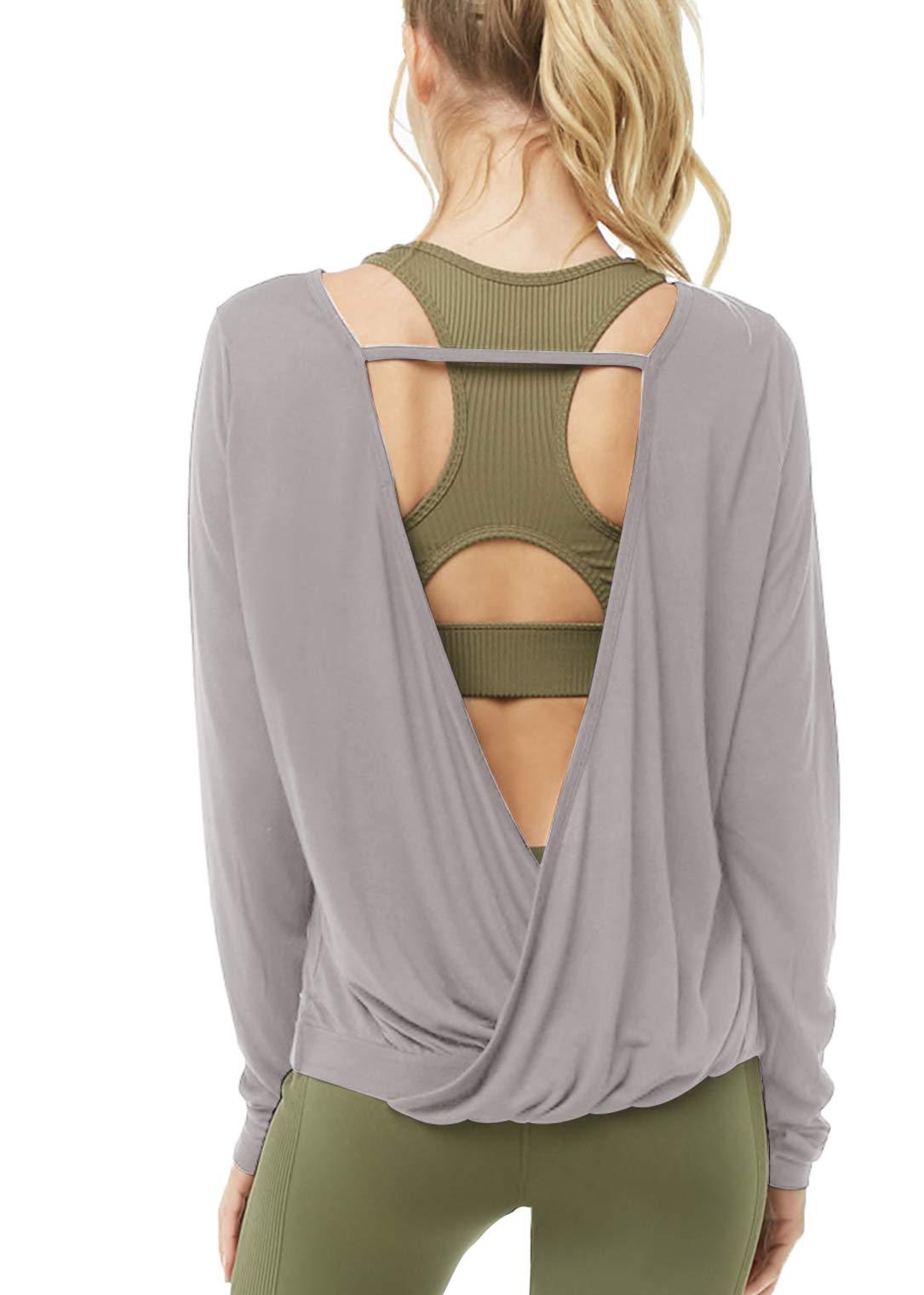 Muzniuer Women's Long Sleeve Open Back Workout Shirts Loose Backless Yoga Shirts Thumb Hole Shirts