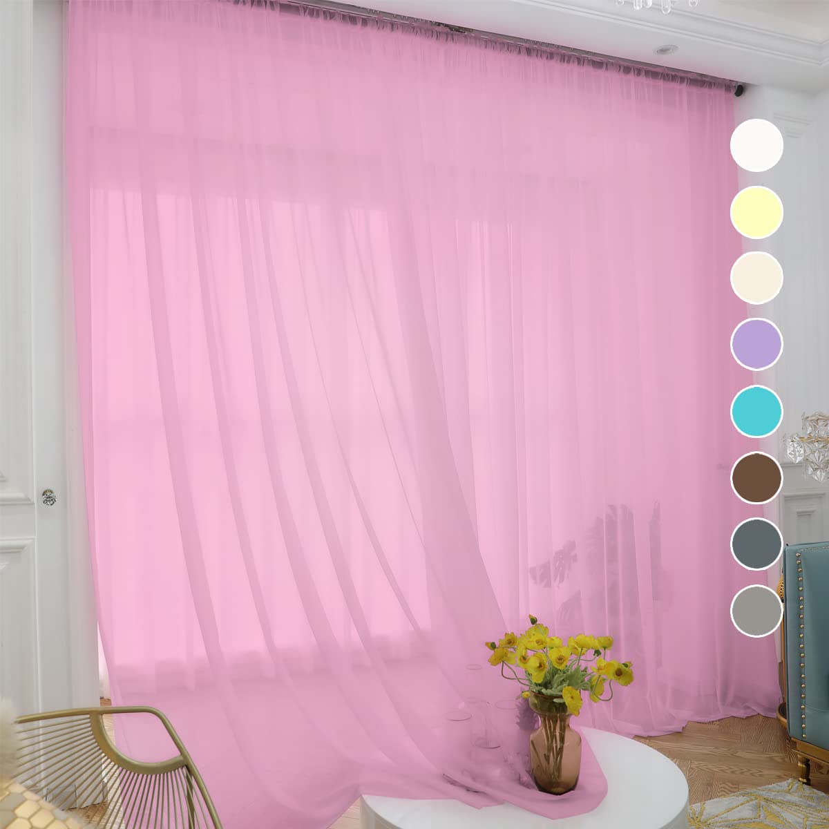 ABCHOME Pink Sheer Curtains 130 Inches Long 2 Panels,Rod Pocket Voile Semi Sheer Window Curtains for Kitchen, Bedroom and Living Room (Pink, 52 W x 130 L)