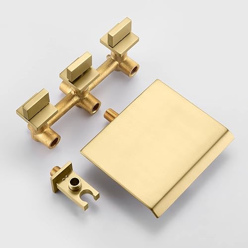 Miniatura 8 de SUMERAIN Grifo de bañera montado en la pared con ducha de mano, grifo de bañera cascada con acabado dorado cepillado, con válvula de instalación