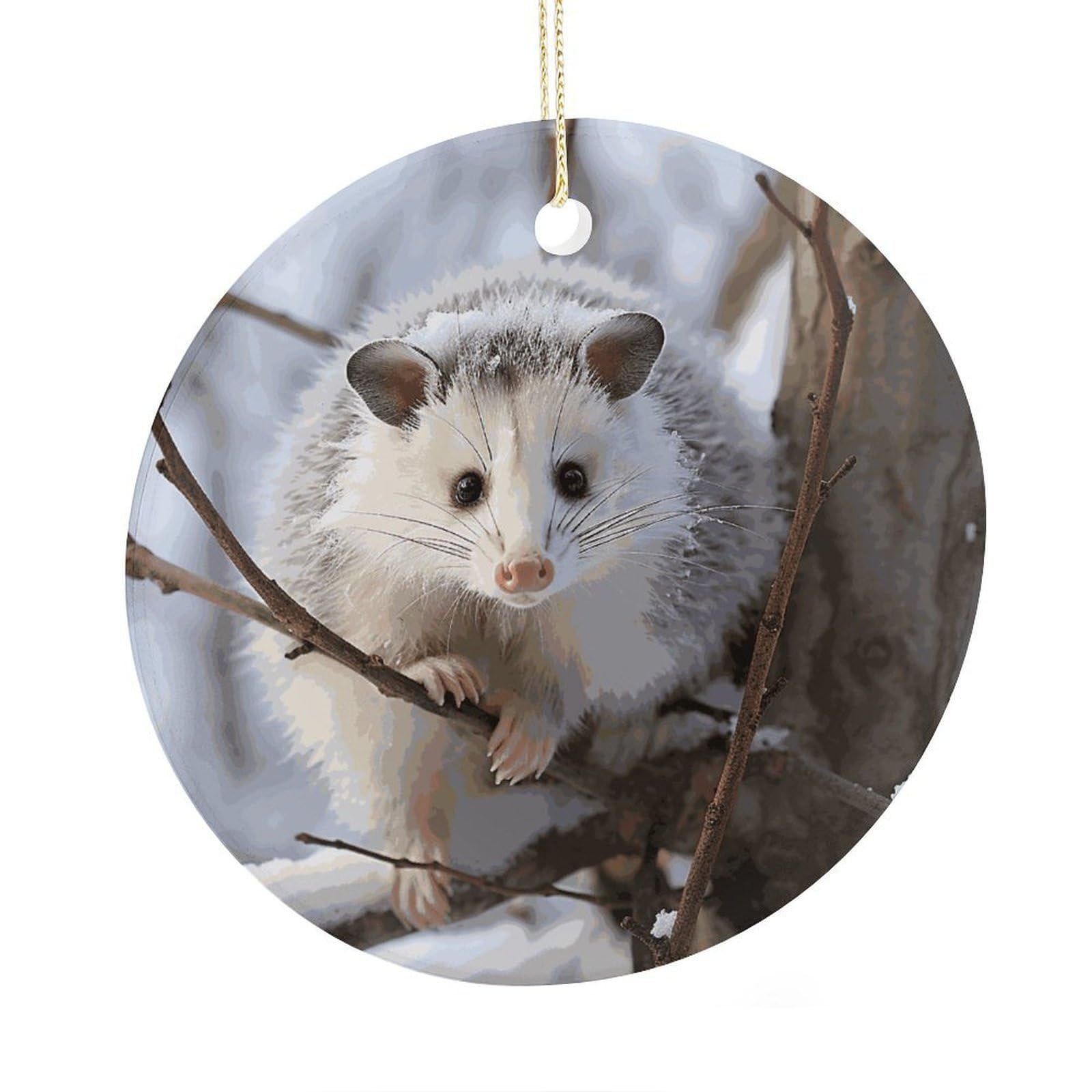 Fekiloot Style Opossum In Snow Christmas Ornaments 2.9 Inch Round Ceramic Ornament Keepsake Thank You Gifts For Office, Room, Home - Holiday Present Ideas