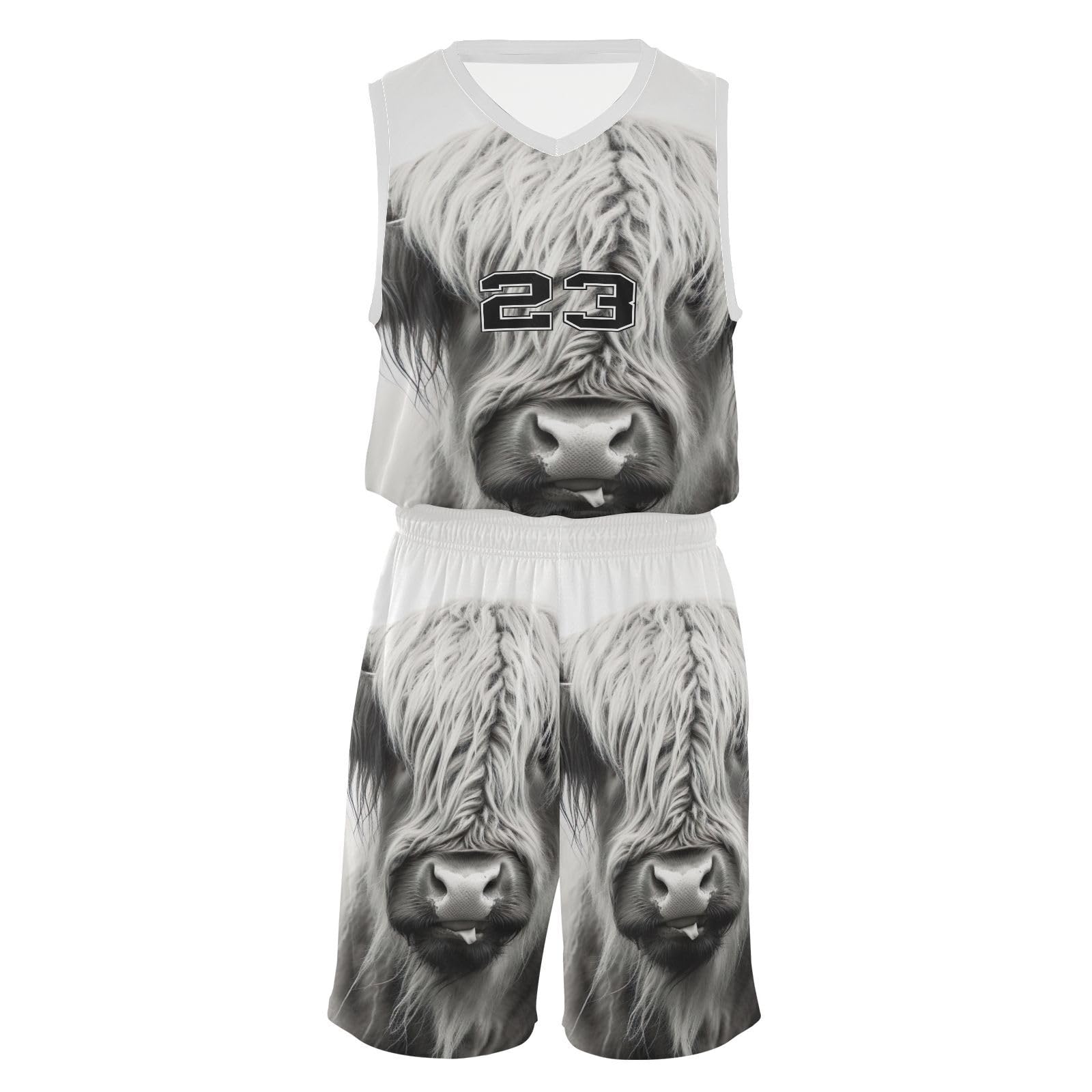 FLildon Highland Cow Boys Basketball Jersey Set Tank Top Shorts Tracksuit Sport Training Suit for Kids, L