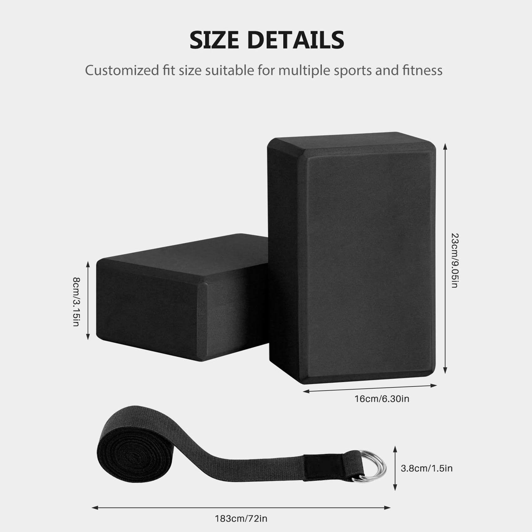 5X Yoga Block und Yoga Gurt Set Eva Schaum Weiche, rutschfeste Yoga Blöcke Universal Pilates Dehnung und Tonisieren Trainings Schwarz