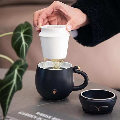 Miniatura 3 de HEER Taza de té de cerámica con infusor y tapa bonita taza de café de gato de la suerte regalo para los amantes de los gatos taza de té china de