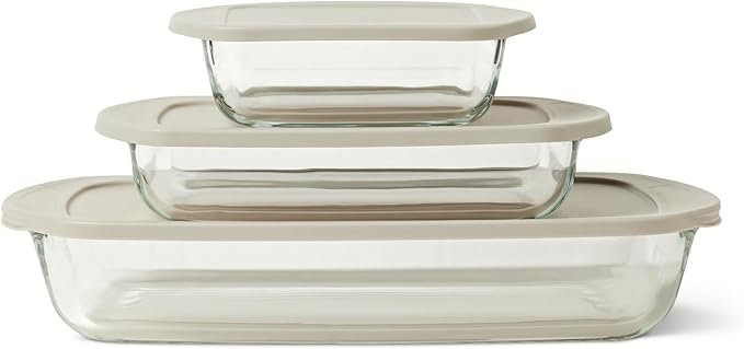 Amazon Basics Glass Baking Dishes with BPA-Free Lids, 6-Piece Set, Borosilicate Glass, Dishwasher and Oven-Safe, Linen Gray