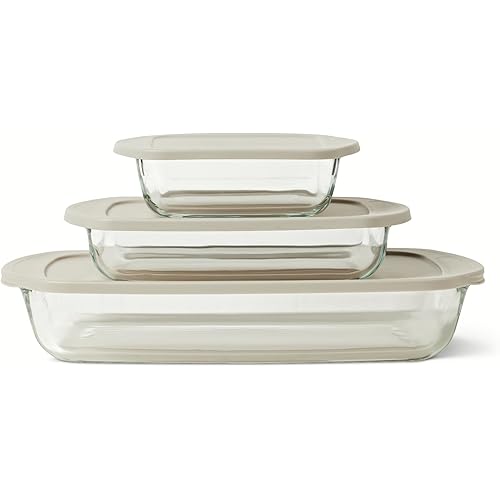 Amazon Basics Glass Baking Dishes with BPA-Free Lids, 6-Piece Set, Borosilicate Glass, Dishwasher and Oven-Safe, Linen Gray