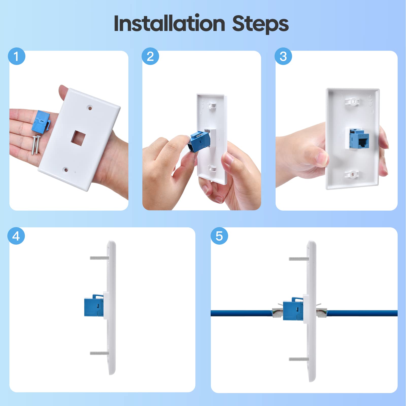 Confezione da 10 prese Ethernet a muro, 1 porta Cat6 RJ45 Keystone Jack con staffa di montaggio a bassa tensione a banda singola, piastra a parete Ethernet, accoppiatore blu femmina a femmina