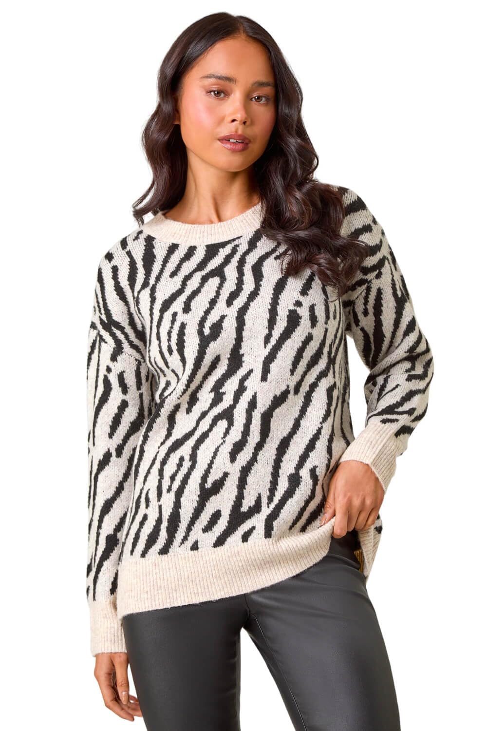 Roman Women's Stone Petite Zebra Print Knitted Jumper In Size 16