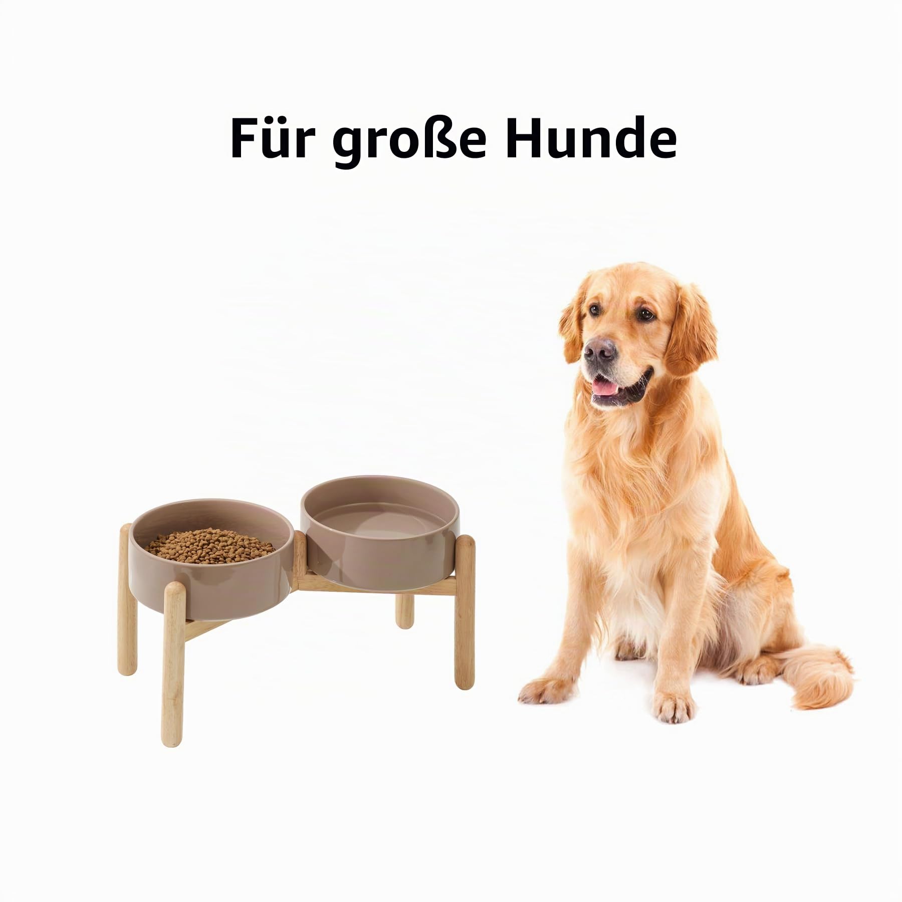 Havniva Keramischer Hundenapf 21 cm mit Ständer für Hunde großer Rassen, Futter- und Wassernapf (Doppelnapf mit Ständer -brauner Kaffee)