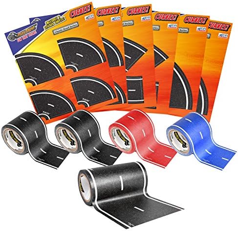 PlayTape Road Rally Road and Curve Assortment for 5-7 Kids - Road Car Tape Great for Kids, Sticker Roll for Cars and Train Sets, Stick to Floors and Walls, Quick Cleanup, Children Toys Birthday Gift