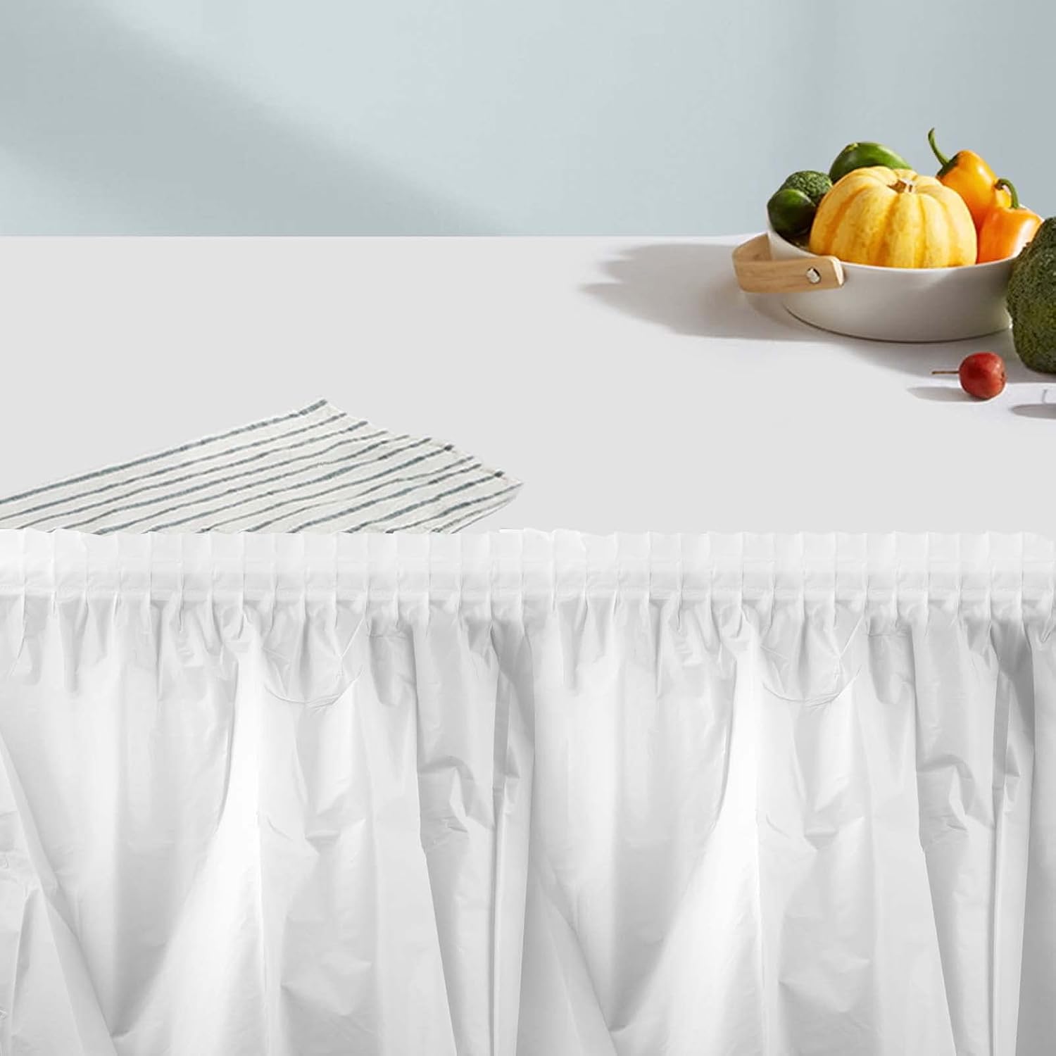 TAICHEU 10 Pack White Table Skirt for Rectangle Tables,29in x 14ft Disposable Plastic Table Skirt White Pleated Tablecloth Skirt for Kitchen, Party, Wedding and Picnic