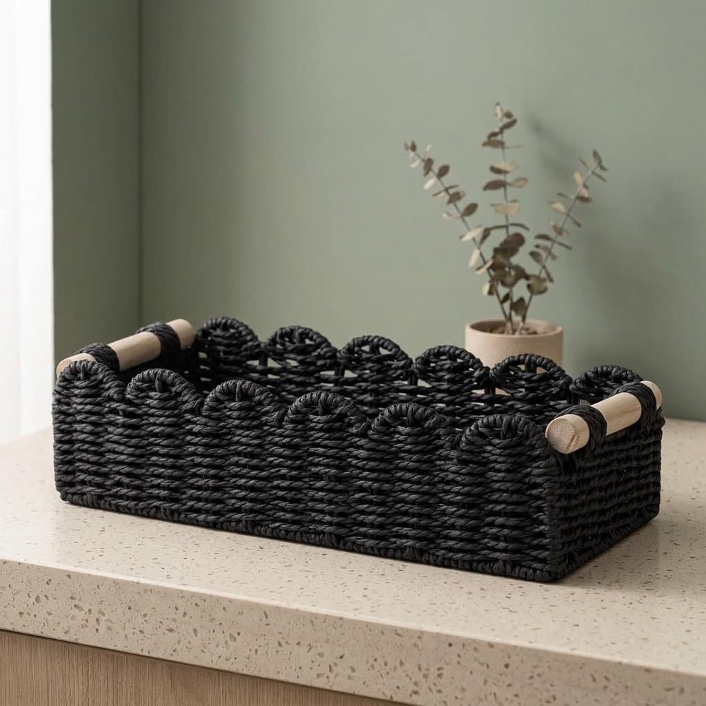 Black Scalloped Paper Rope Storage Basket with Metal Frame