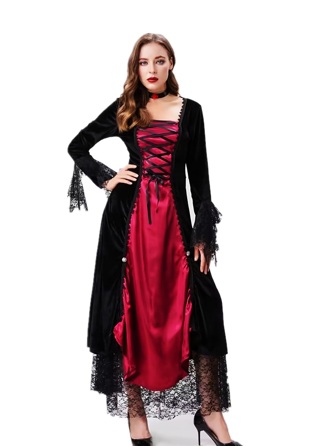 ESSECMBS 2pcs Womens Halloween Vampire Dress Retro Gothic Long Sleeve Lace Patchwork Dress Cosplay Dress with Choker (Red, XL)