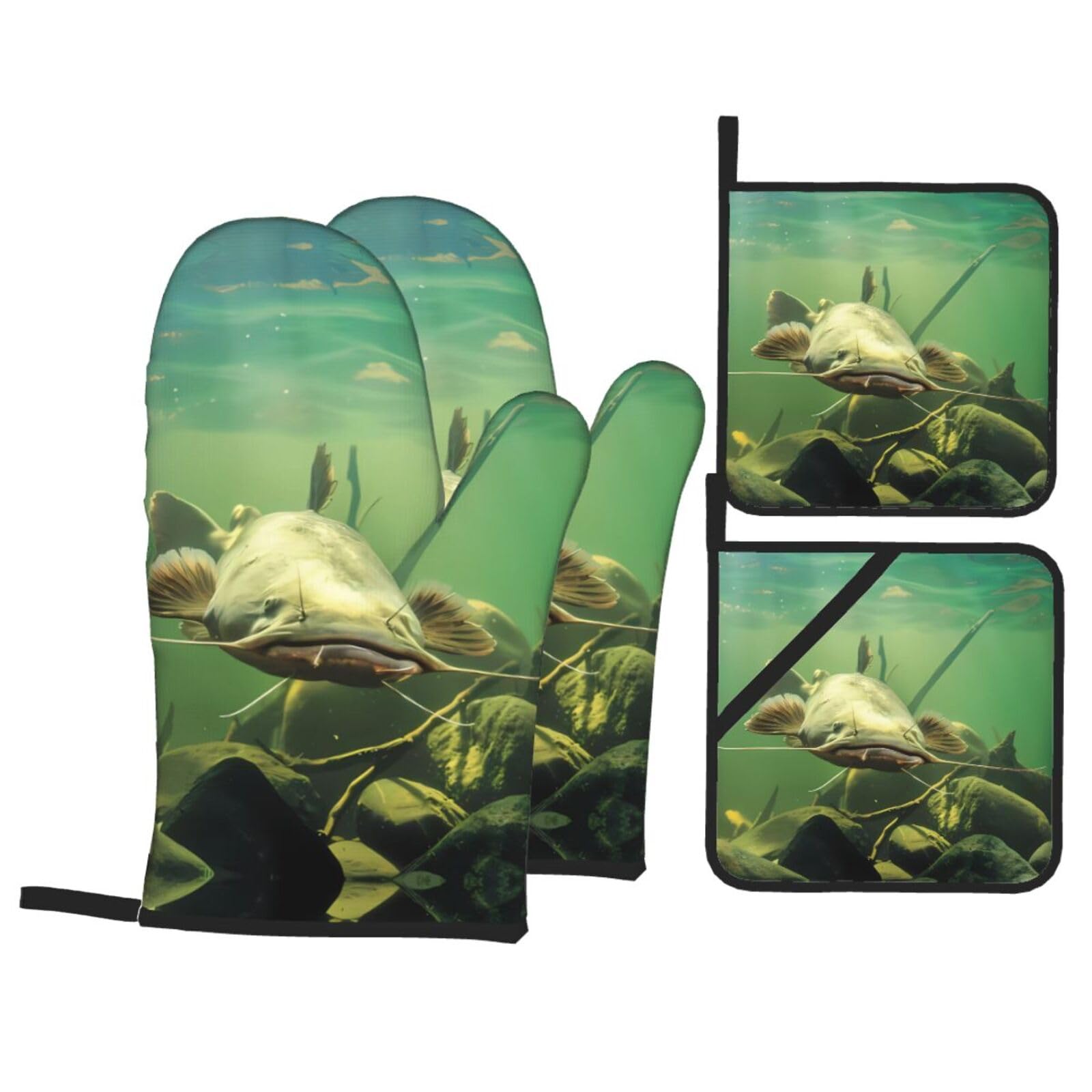 WHJSSF Underwater catfish Prints Kitchen Baking Set - 4-Piece Heat Protection Layers with Waterproof Potholders for Oven, Grill & Serving