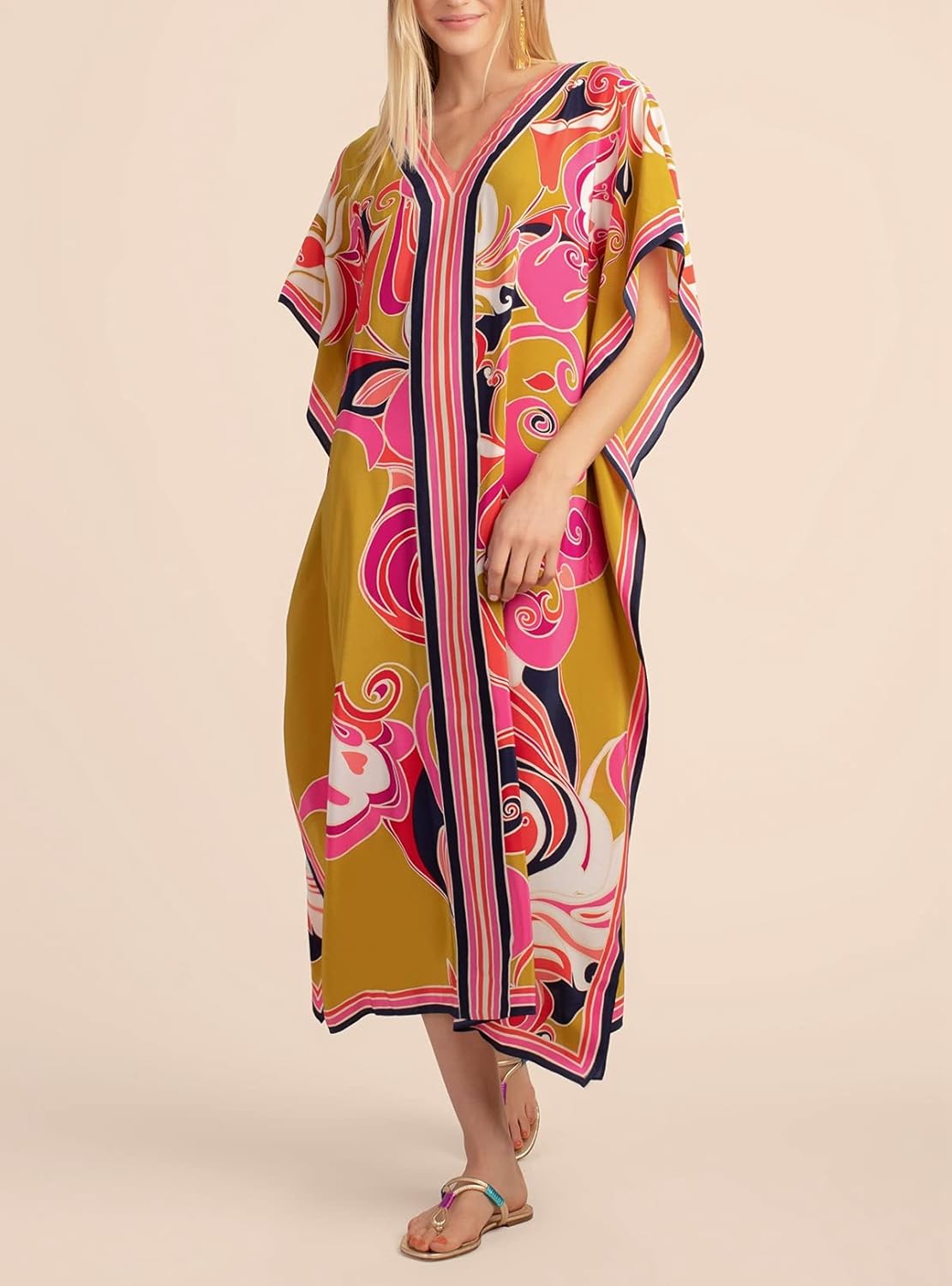 Cashew Flower Silk Caftan Women Vneck beach Cover up Caftans Loose Plus Size Floral Print Side Split Kaftan Dresses - Image 5