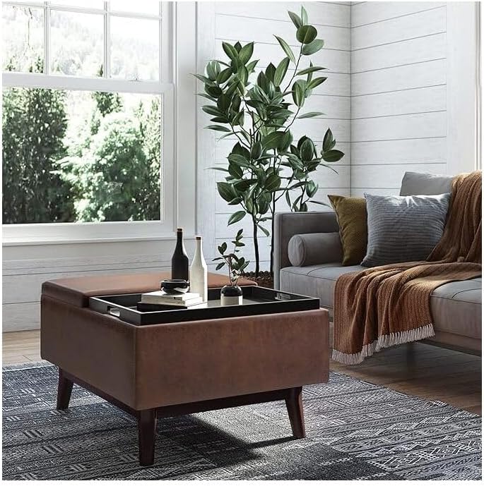 HomeStock Modern Coffee Table with Storage 34" Rectangular Ottoman Distressed Brown Vegan Leather