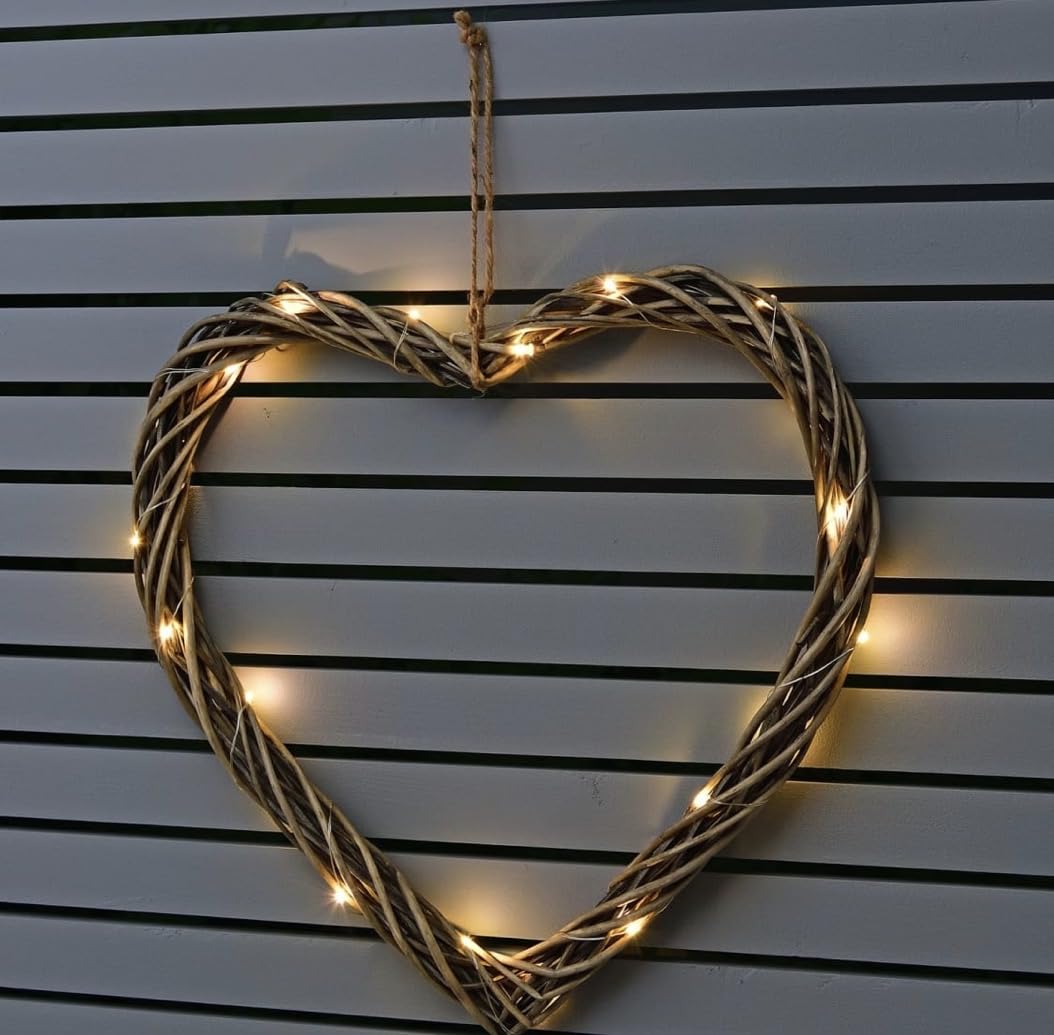 New||Solar Powered Wicker Heart Wreath with Warm White LED Lights, Hanging Jute Rope, Indoor and Outdoor decor, Great decorative feature for your garden||