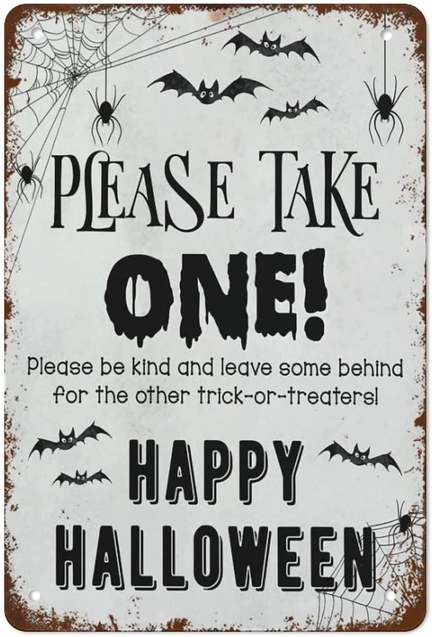 Halloween Door Sign, Please Take One Trick Or Treat, Halloween Party Decor, Spooky Bats Spiderwebs Sign, Retro Metal Tin Sign Vintage Aluminum Sign For Home Coffee Wall Decor Metal Tin Sign 12x16 Inch