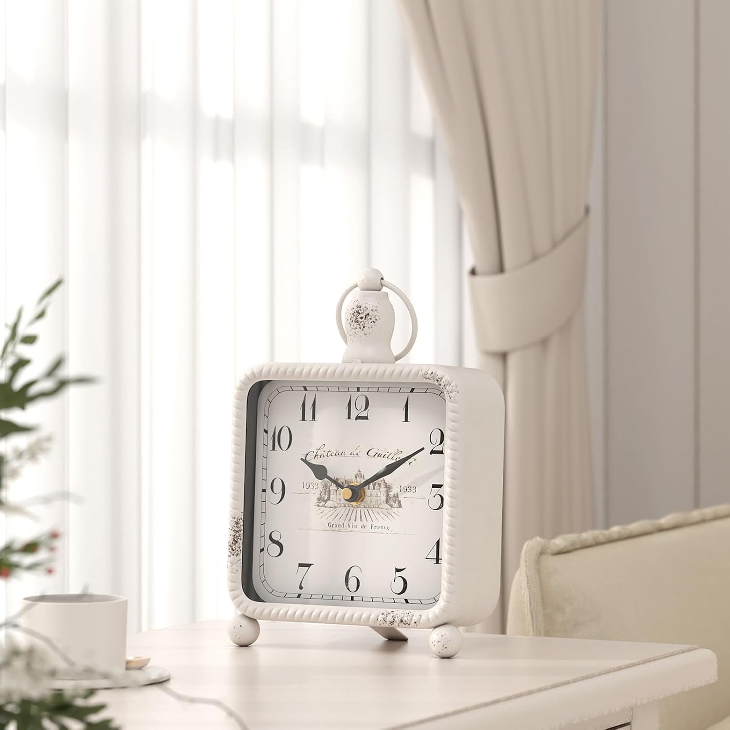 Vintage White Table Clock on Stand, Desk and Shelf Decor Clock, French Rustic Style Mantel Clocks for Farmhouse, Living Room, Bedroom, Bedside, Gift (8.5" H x 5.5" W)