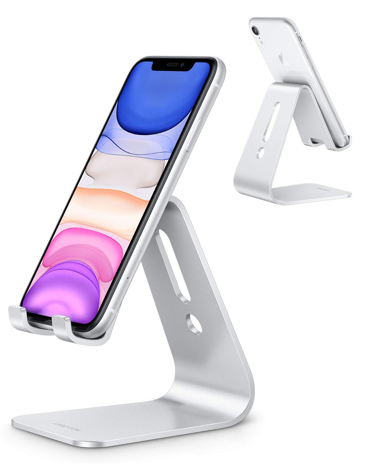 OMOTON Upgraded Aluminum Cell Phone Stand, C1 Durable Cellphone Dock with Protective Pads, Smart Stand Designed for iPhone 14 Plus, 14/13/12/11 Pro Max XR XS, iPad Mini, Android Phones, Silver